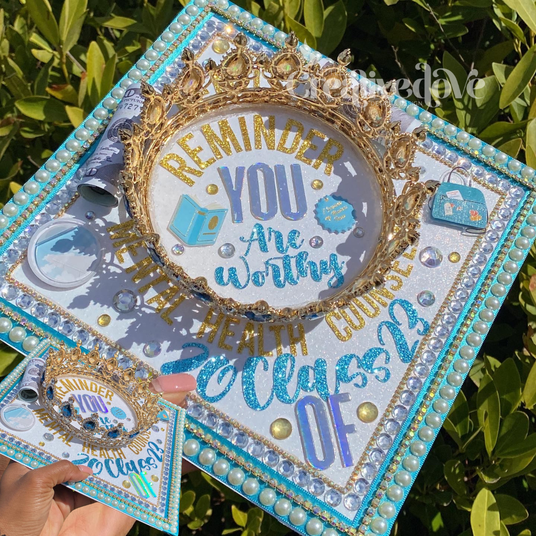 Mental Health Glitter Grad Cap with Crown