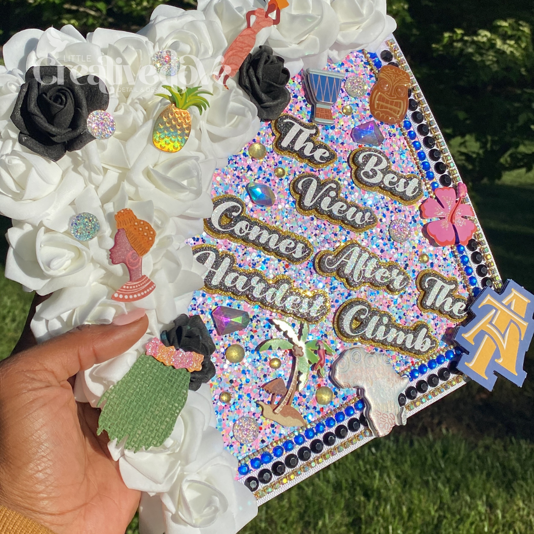 More Flowers Glitter Graduation Cap WITH Rhinestone Trim