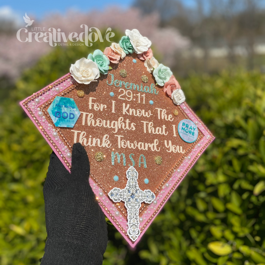 Floral Glitter Graduation Cap WITH Rhinestone Trim