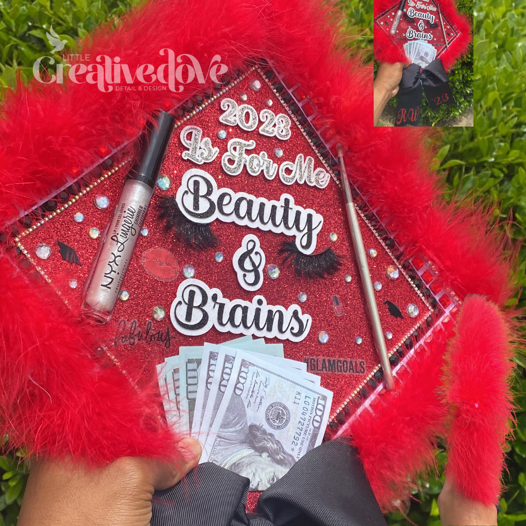 Fur Glitter Graduation Cap WITH Rhinestone Trim