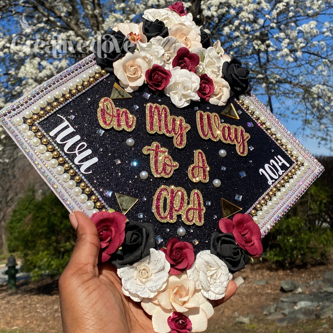 Floral Glitter Graduation Cap WITH Rhinestone Trim