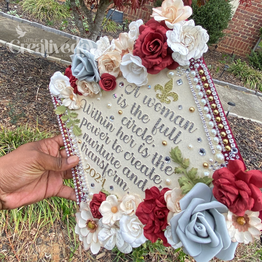 Floral Glitter Graduation Cap WITH Rhinestone Trim