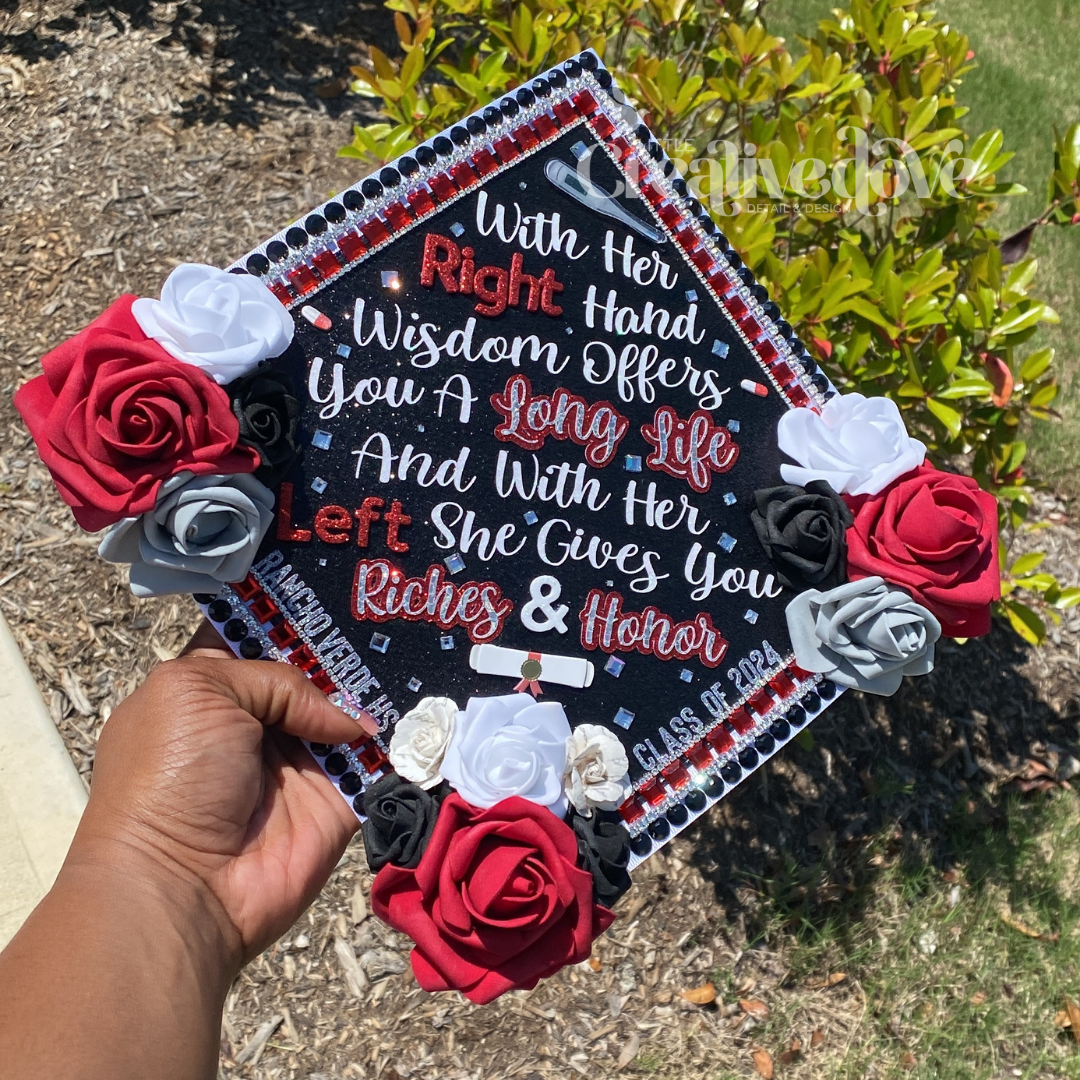 Floral Glitter Graduation Cap WITH Rhinestone Trim