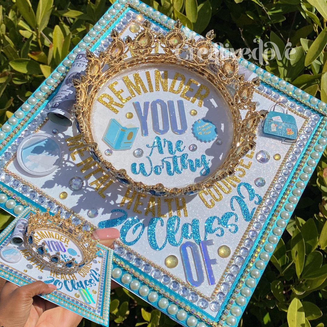 Crown Glitter Graduation Cap WITH Rhinestone Trim